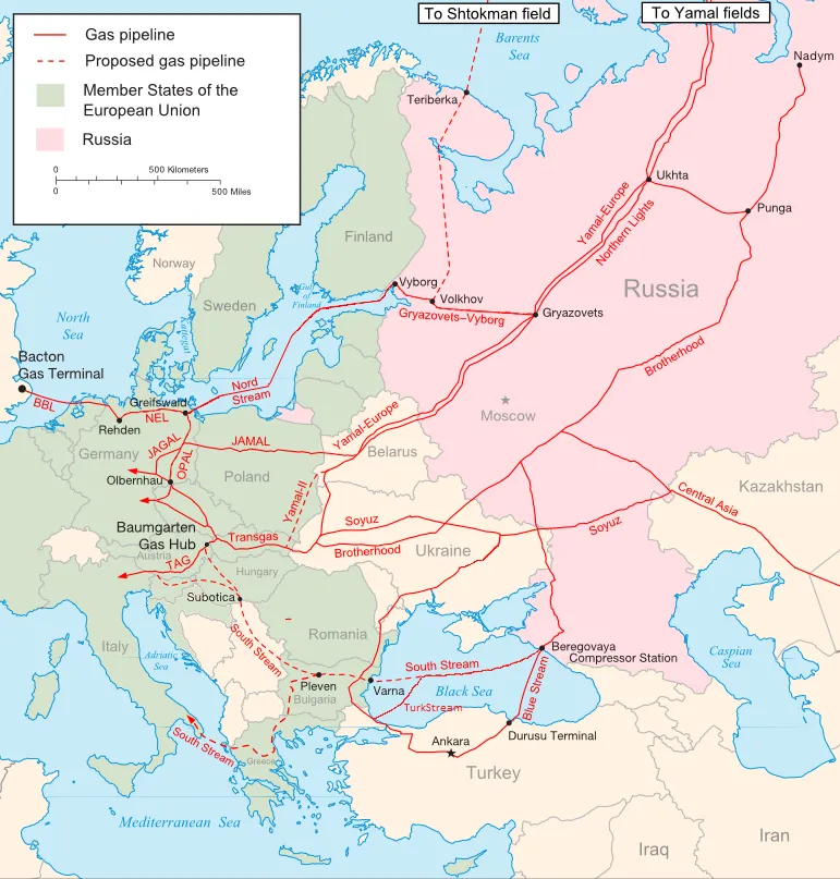 Wichtigste russische Gasexportpipelines nach Europa: Nord Stream, Jamal–Europa, Blue Stream, Druschba. Karte: Samuel Bailey, 2009. Lizenz: CC BY 3.0.